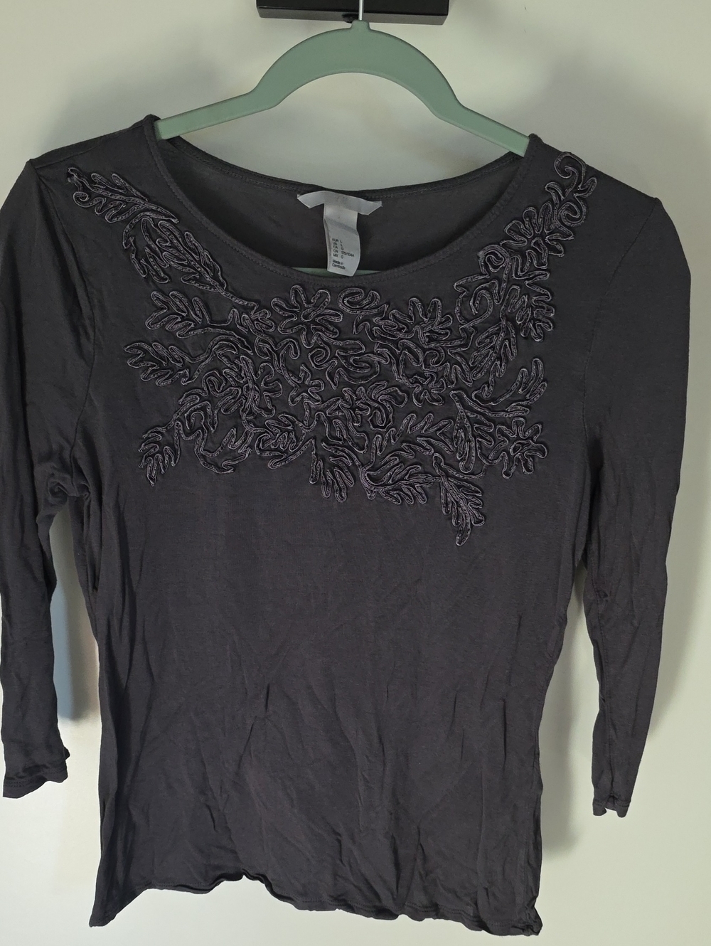 H&M Dark Gray Embroidered Scoop Neck Long Sleeve Top